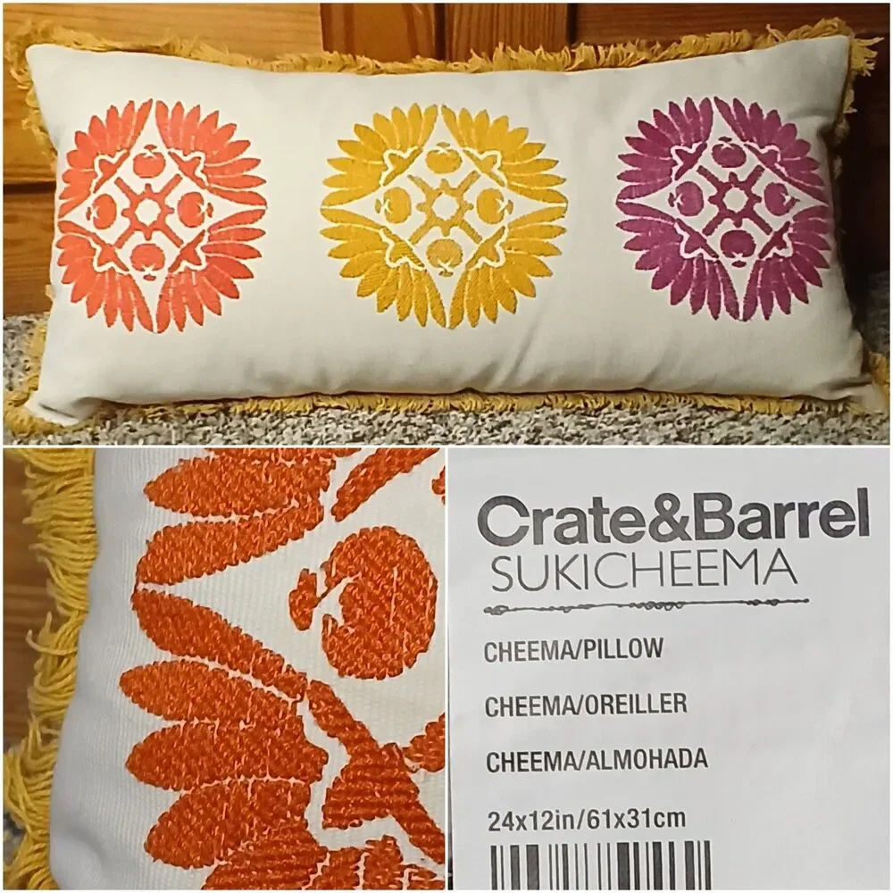 Crate And Barrel Lumbar Down Pillow 12x24 Fall Yellow Rust Plum Boho Embroidered